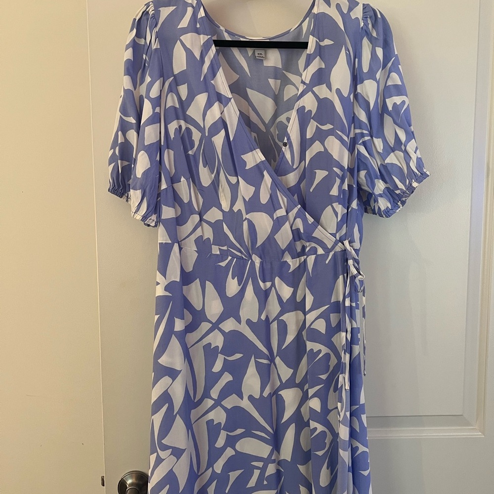 Elegant Blue and White Wrap Dress